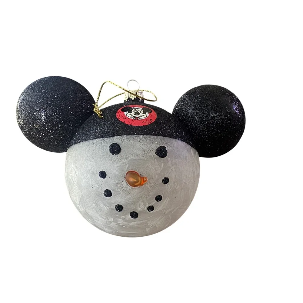 Disney Mickey Mouse Snowman Glass Ornament Glitter Frosted Holiday 2020 Preloved
